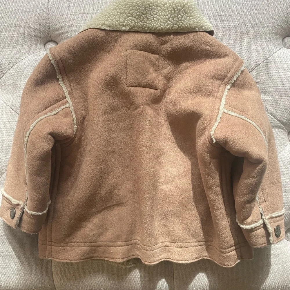 OshKosh B'gosh Tan Sherpa-Lined Boys Faux Suede Barn Trucker Jacket Coat EUC 12m